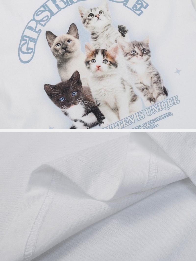 T Shirts Aelfric Eden Cats Print Tee Blanche | MBB-34625649